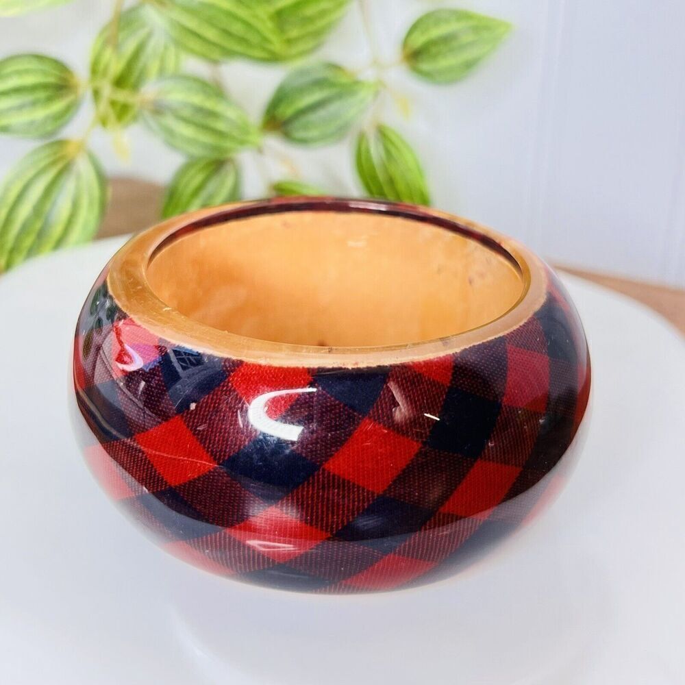 Vintage Wide Plaid Lucite Bangle Bracelet Romantic Red Black Retro 80’s 90’s Y2K